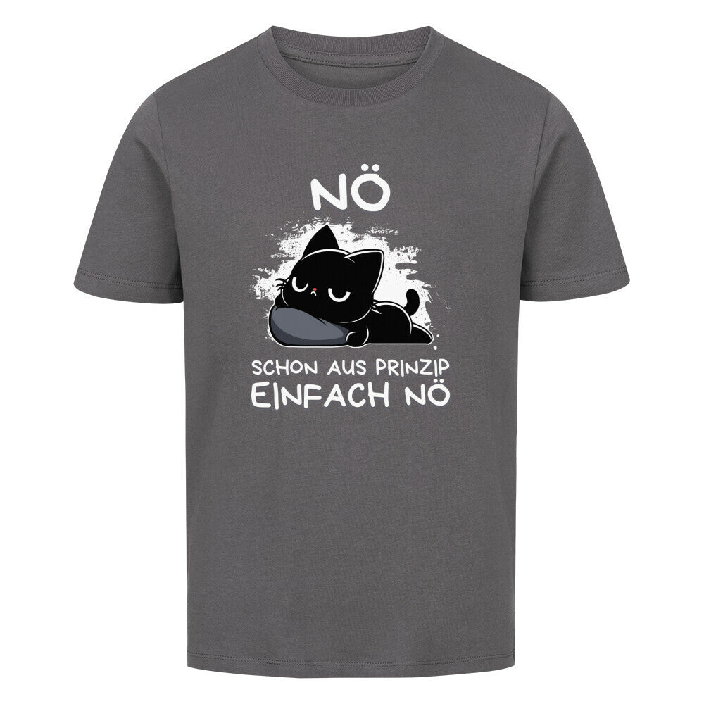 Anthrazit-Graues Kinder T-Shirt mit schwarzer Katze auf Kopfkissen und dem lustigen Spruch 'Nö - Schon aus Prinzip einfach nö'