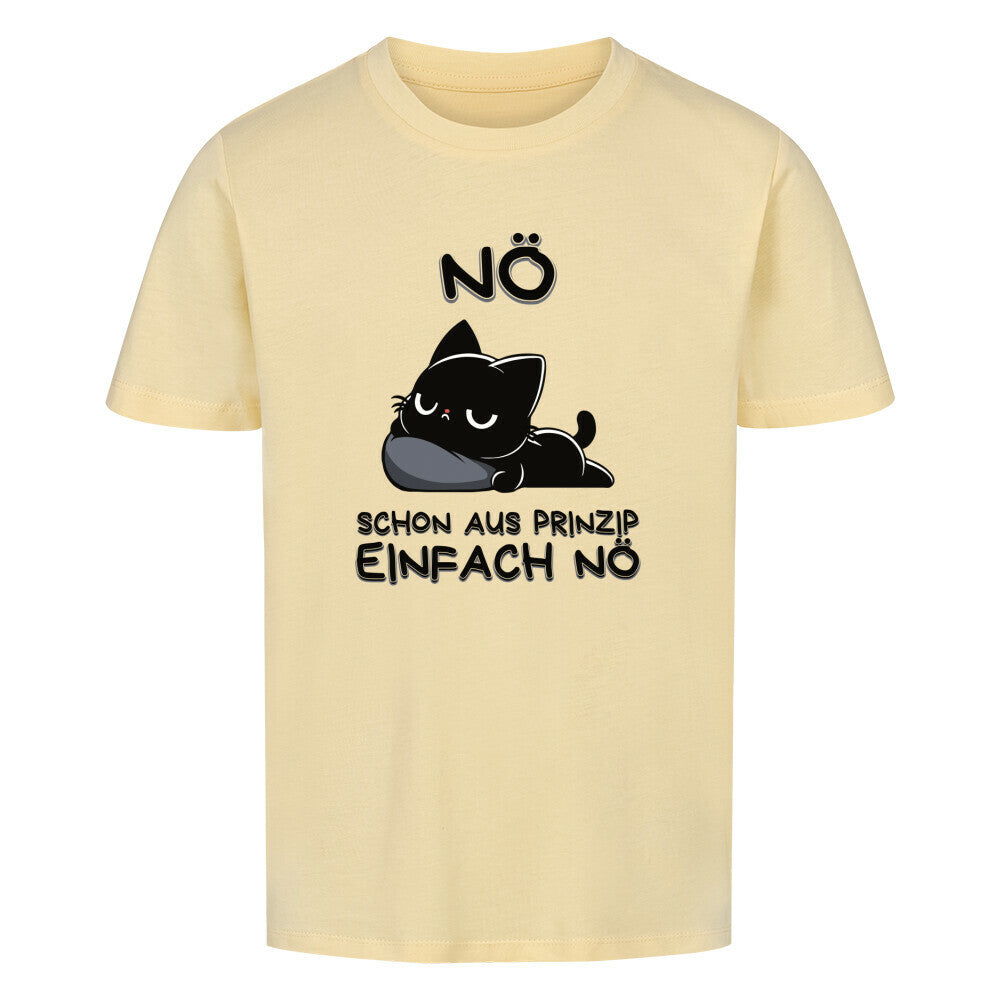 Butter farbenes Kinder T-Shirt mit schwarzer Katze auf Kopfkissen und dem lustigen Spruch 'Nö - Schon aus Prinzip einfach nö'