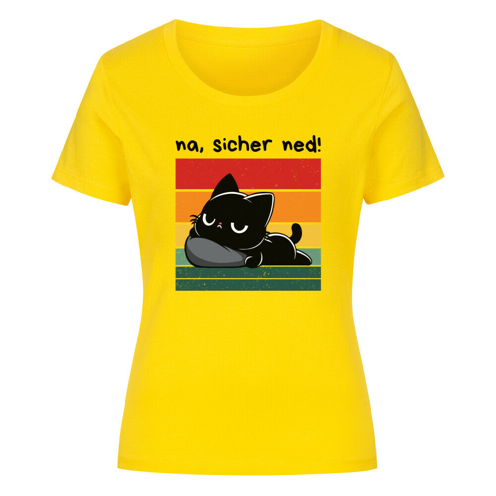 Gelbes Damen-Shirt mit schwarzer Katze, Retrosonne und lustigem Spruch: 'Na, sicher net!'