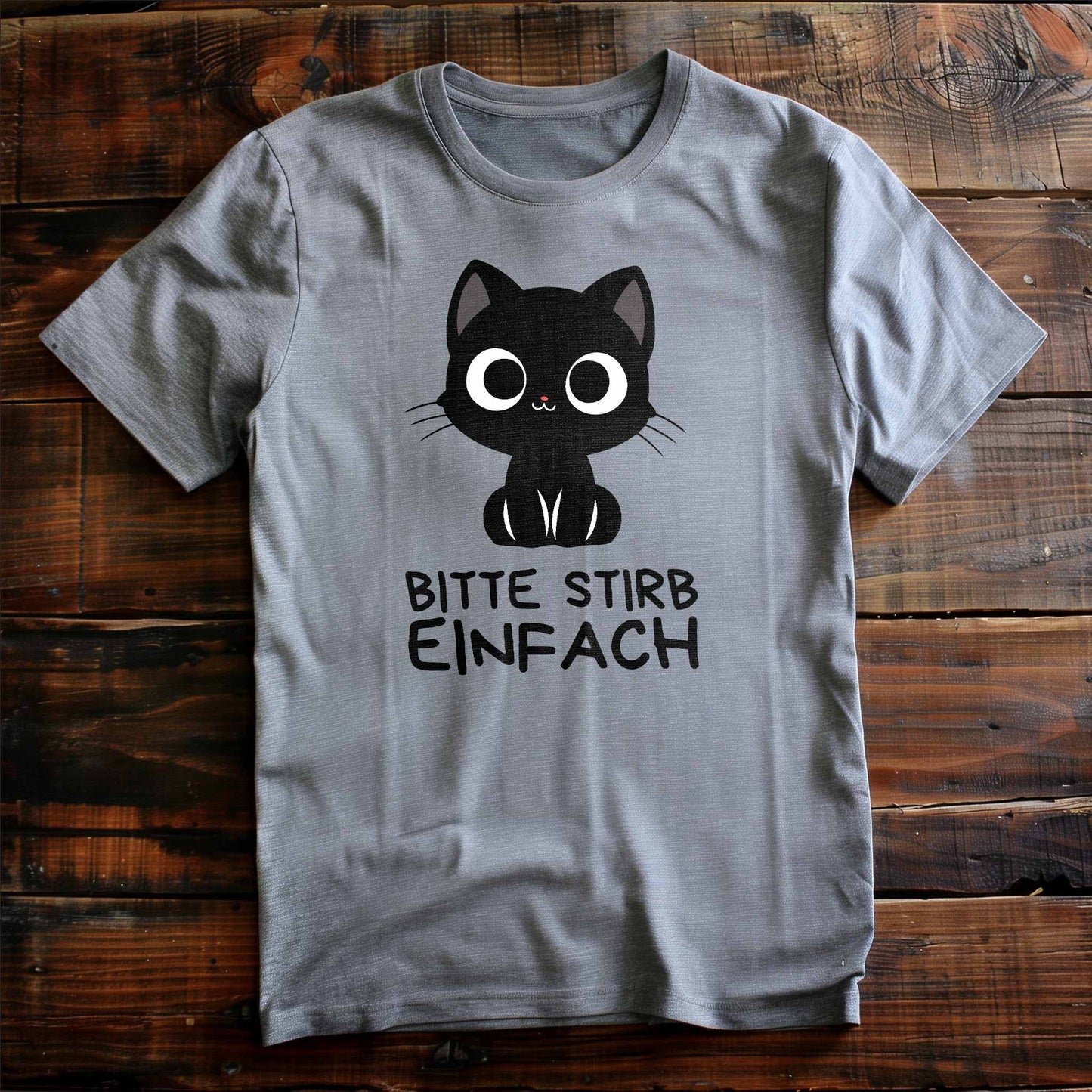 Greau meliertes T-Shirt auf Holzboden mit Design einer süßen schwarzen Katze und dem lustigen Spruch 'Bitte stirb einfach'