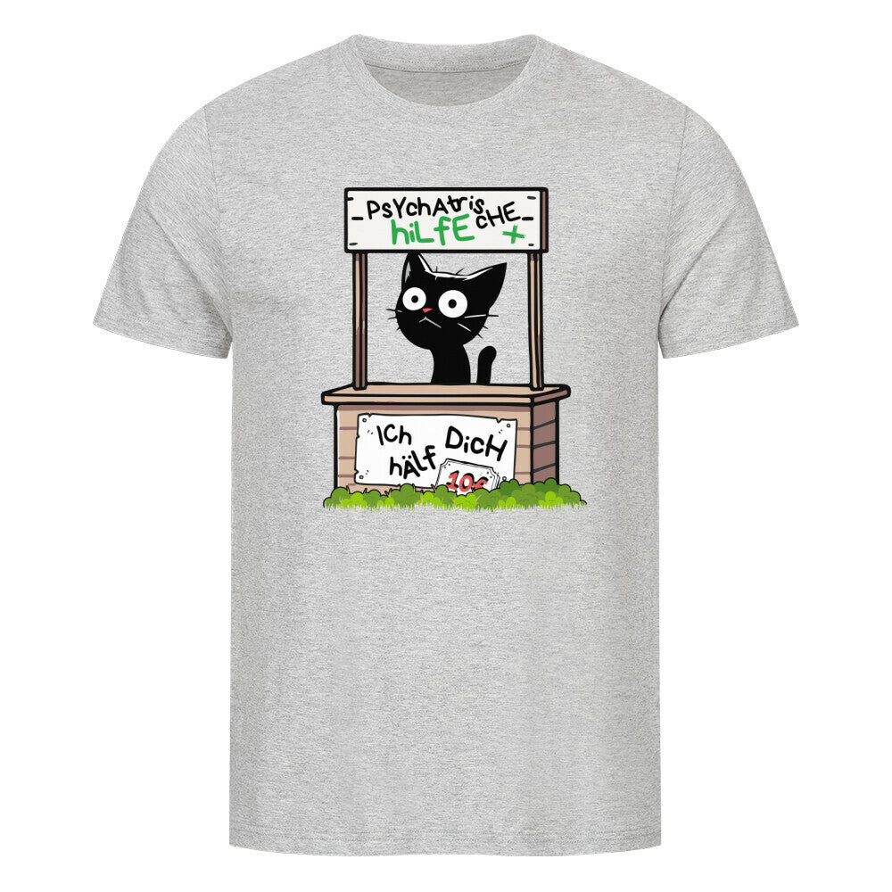 Grau meliertes T-Shirt mit einer gestörten Katze, die psychiatrische Hilfe bietet und dem lustigen Spruch 'Psychatrische Hilfe - IcH hÄlf DicH'