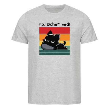 Grau meliertes T-Shirt mit schwarzer Katze, Retrosonne und lustigem Spruch: 'Na, sicher net!'