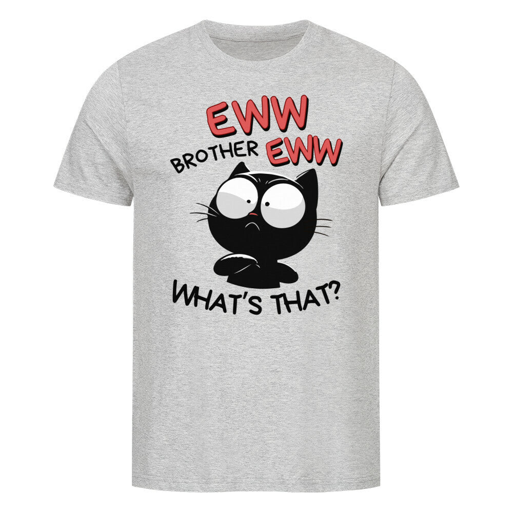 Grau meliertes T-Shirt mit schwarzer Katze und dem lustigen Spruch 'Eww - Brother Eww, what's that?'