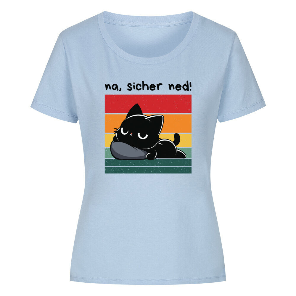 Himmel-Blaues Damen-Shirt mit schwarzer Katze, Retrosonne und lustigem Spruch: 'Na, sicher net!'