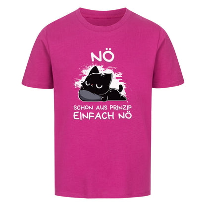 Lila farbenes Kinder T-Shirt mit schwarzer Katze auf Kopfkissen und dem lustigen Spruch 'Nö - Schon aus Prinzip einfach nö'