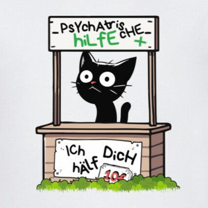 Nahaufnahme eines weißen T-Shirts mit einer gestörten Katze, die psychiatrische Hilfe bietet und dem lustigen Spruch 'Psychatrische Hilfe - IcH hÄlf DicH'