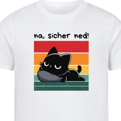 Nahaufnahme eines weißen T-Shirts mit schwarzer Katze, Retrosonne und lustigem Spruch: 'Na, sicher net!'