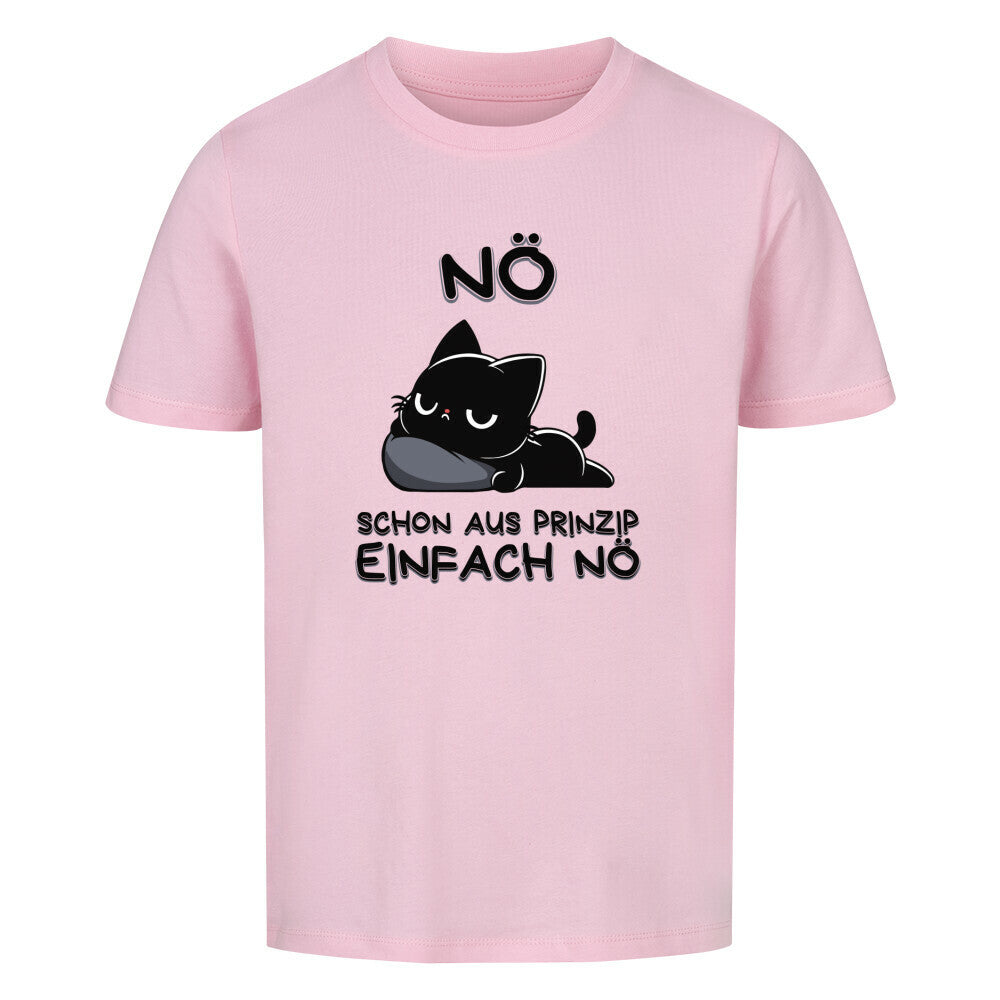 Pinkes Kinder T-Shirt mit schwarzer Katze auf Kopfkissen und dem lustigen Spruch 'Nö - Schon aus Prinzip einfach nö'