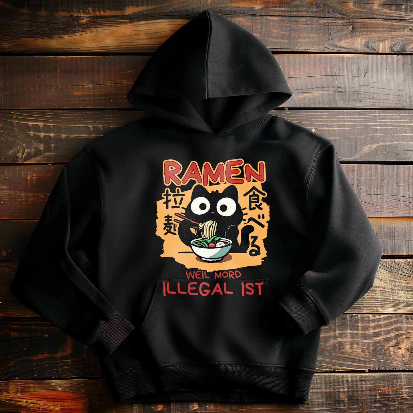 Schwarzer Hoodie Pullover auf Holzboden mit einem Design einer Katze und dem lustigen Spruch 'Ramen - Weil Mord illegal ist'