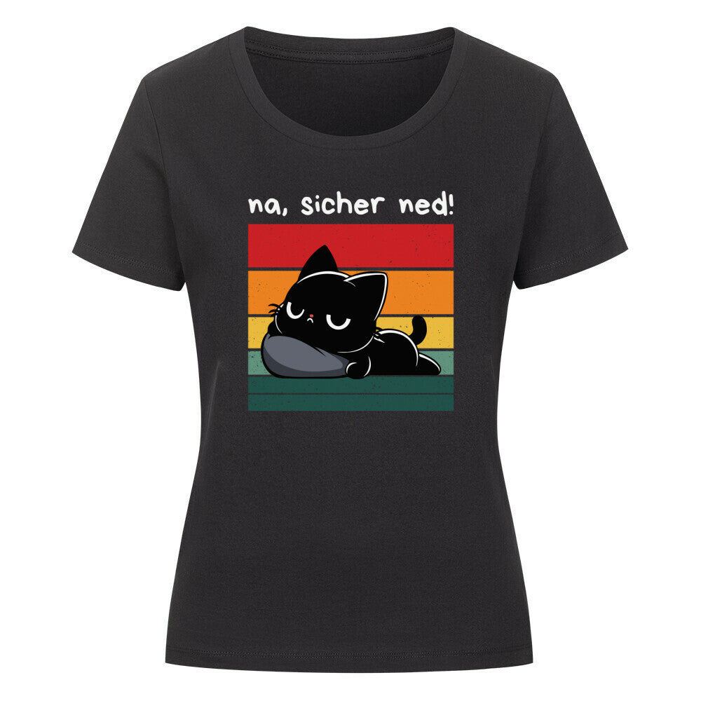 Schwarzes Damen-Shirt mit schwarzer Katze, Retrosonne und lustigem Spruch: 'Na, sicher net!'