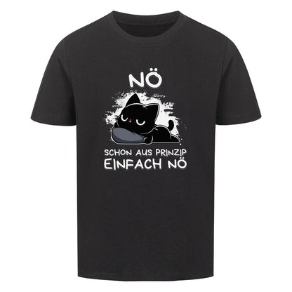 Schwarzes Kinder T-Shirt mit schwarzer Katze auf Kopfkissen und dem lustigen Spruch 'Nö - Schon aus Prinzip einfach nö'