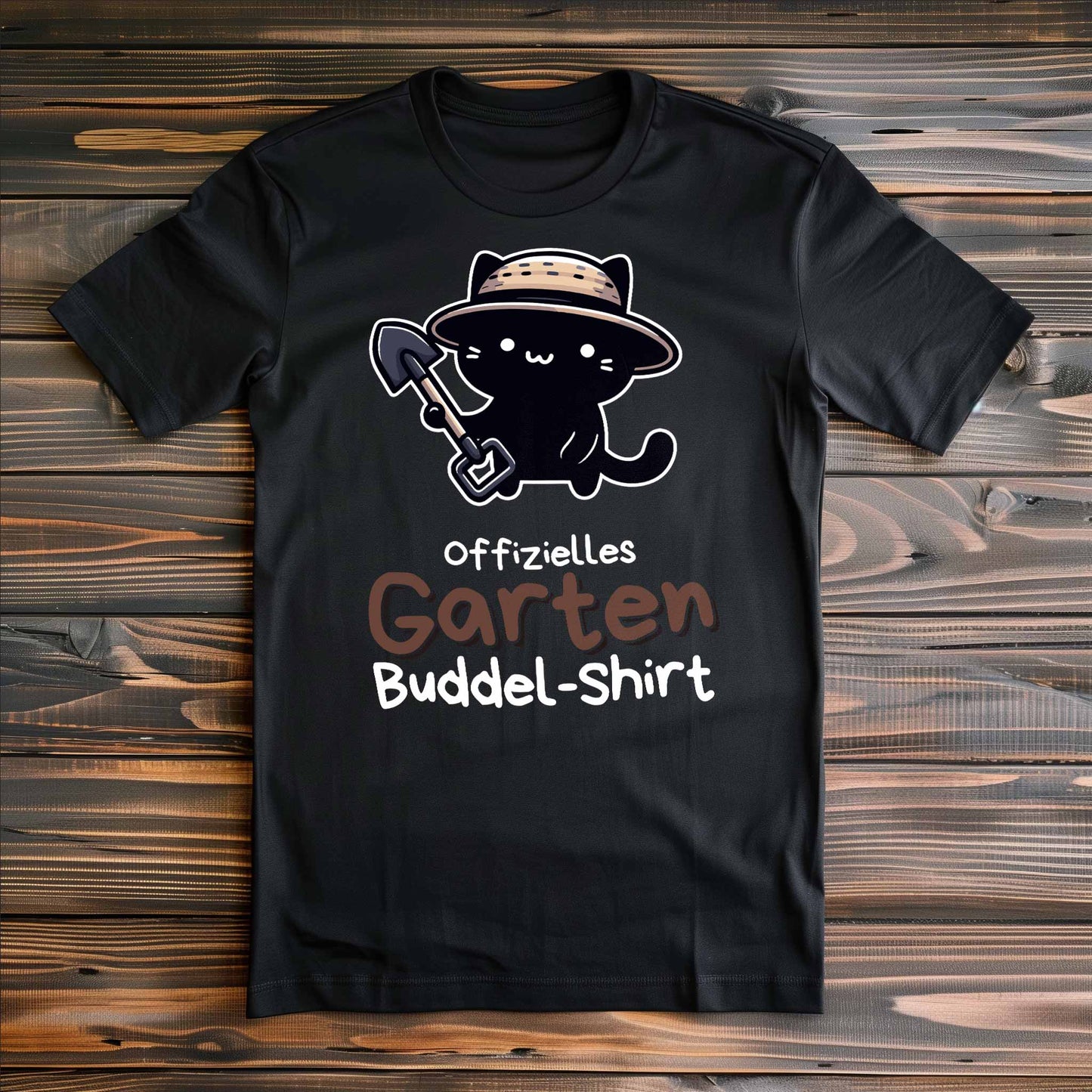 Schwarzes T-Shirt auf Holzboden mit süßer schwarzer Katze und dem lustigen Spruch 'Offizielles Garten-Buddel-Shirt'