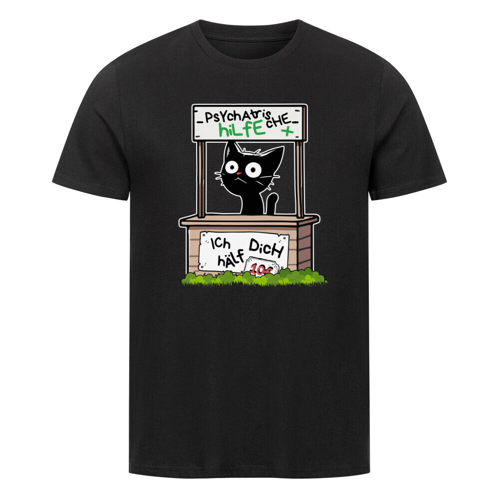 Schwarzes T-Shirt mit einer gestörten Katze, die psychiatrische Hilfe bietet und dem lustigen Spruch 'Psychatrische Hilfe - IcH hÄlf DicH'