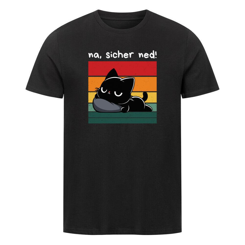 Schwarzes T-Shirt mit schwarzer Katze, Retrosonne und lustigem Spruch: 'Na, sicher net!'