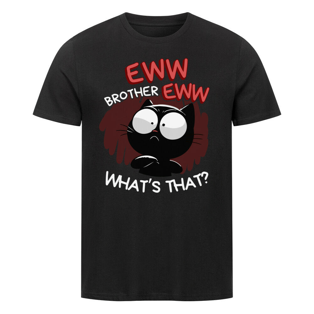 Schwarzes T-Shirt mit schwarzer Katze und dem lustigen Spruch 'Eww - Brother Eww, what's that?'