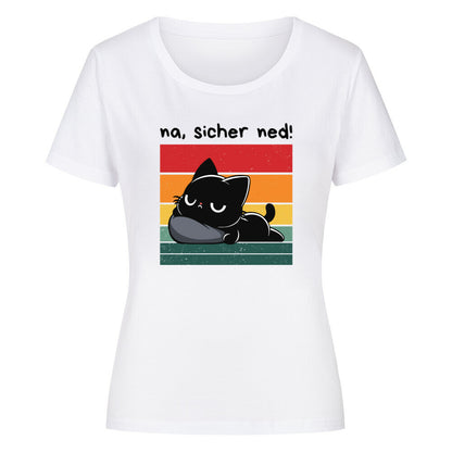 Weißes Damen-Shirt mit schwarzer Katze, Retrosonne und lustigem Spruch: 'Na, sicher net!'