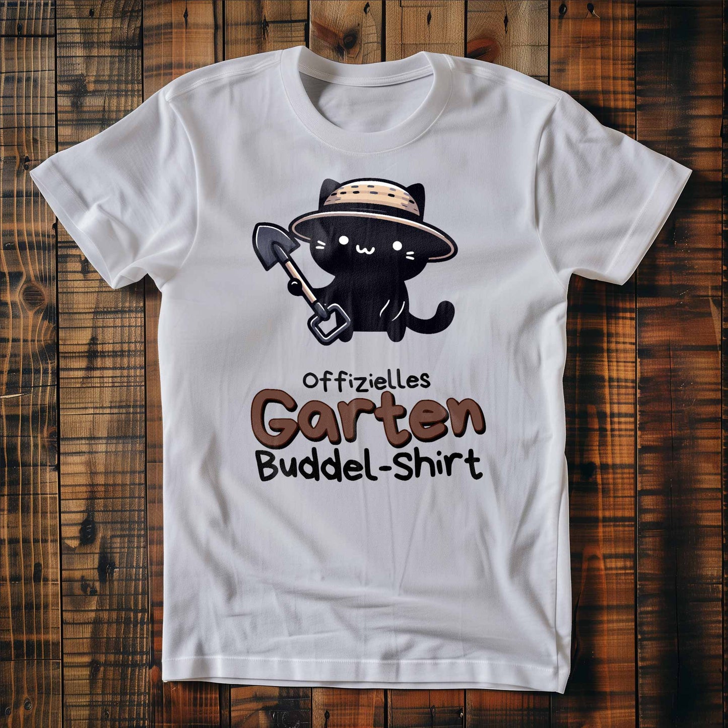 Weißes T-Shirt auf Holzboden mit süßer schwarzer Katze und dem lustigen Spruch 'Offizielles Garten-Buddel-Shirt'