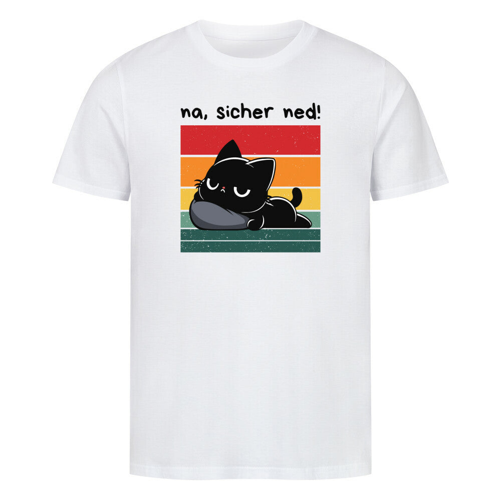 Weißes T-Shirt mit schwarzer Katze, Retrosonne und lustigem Spruch: 'Na, sicher net!'