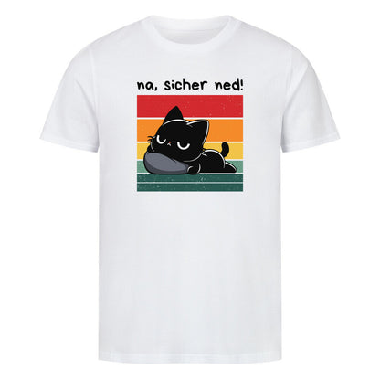 Weißes T-Shirt mit schwarzer Katze, Retrosonne und lustigem Spruch: 'Na, sicher net!'