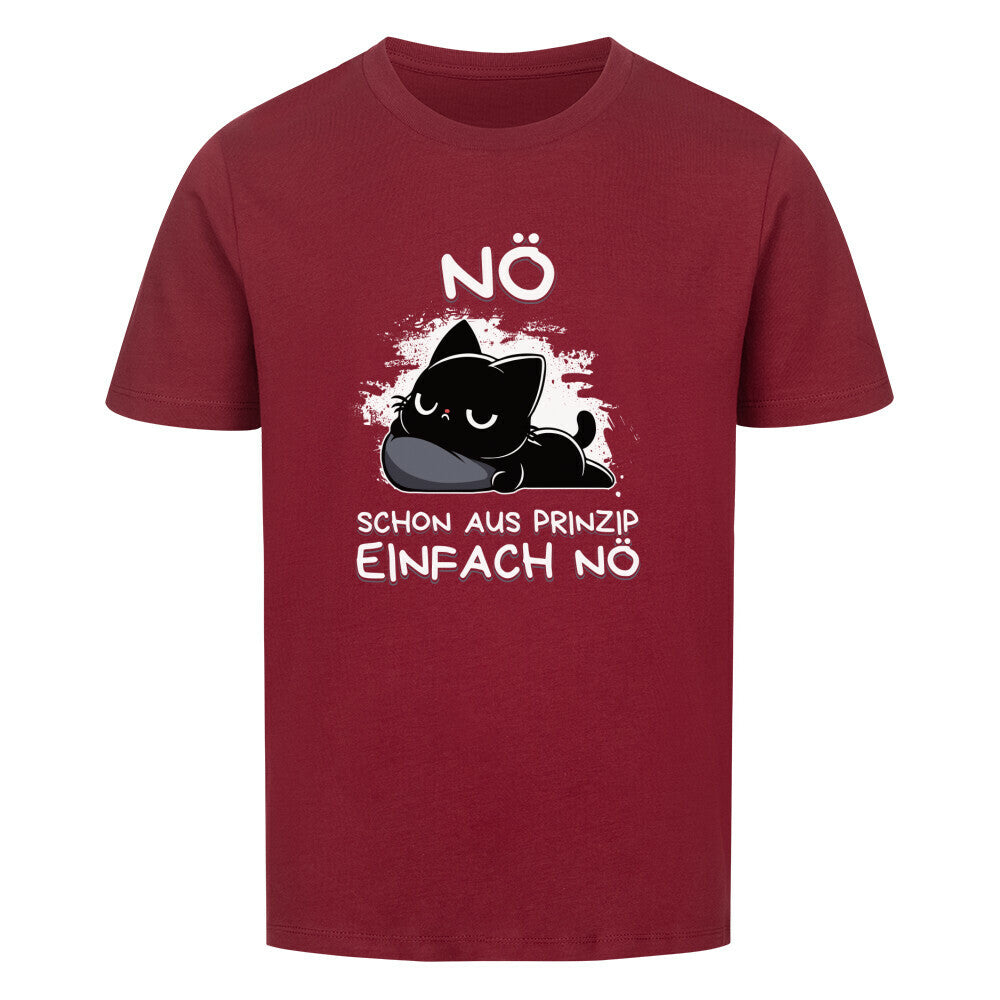 Wein-Rotes Kinder T-Shirt mit schwarzer Katze auf Kopfkissen und dem lustigen Spruch 'Nö - Schon aus Prinzip einfach nö'