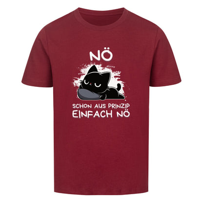 Wein-Rotes Kinder T-Shirt mit schwarzer Katze auf Kopfkissen und dem lustigen Spruch 'Nö - Schon aus Prinzip einfach nö'