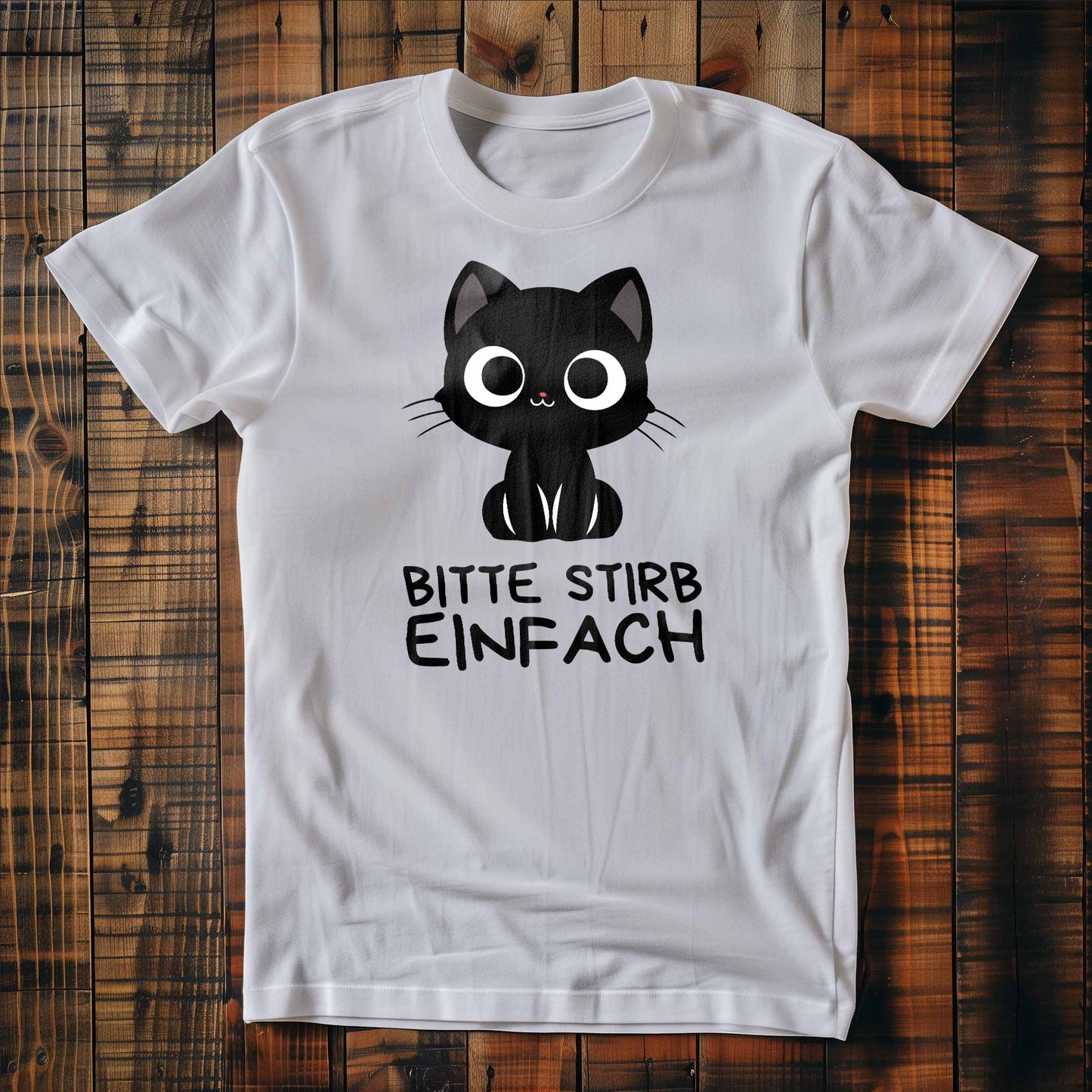 Weißes T-Shirt auf Holzboden mit Design einer süßen schwarzen Katze und dem lustigen Spruch 'Bitte stirb einfach'