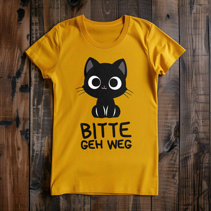 Gelbes Damen-Shirt auf Holzboden mit Design einer schwarzen Katze und dem lustigen Spruch 'Bitte geh weg'