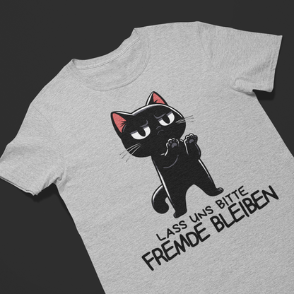 Grau meliertes T-Shirt auf einem dunklen Holzboden mit einer schwarzen Katze und dem lustigen Spruch 'Lass uns bitte Freunde bleiben'