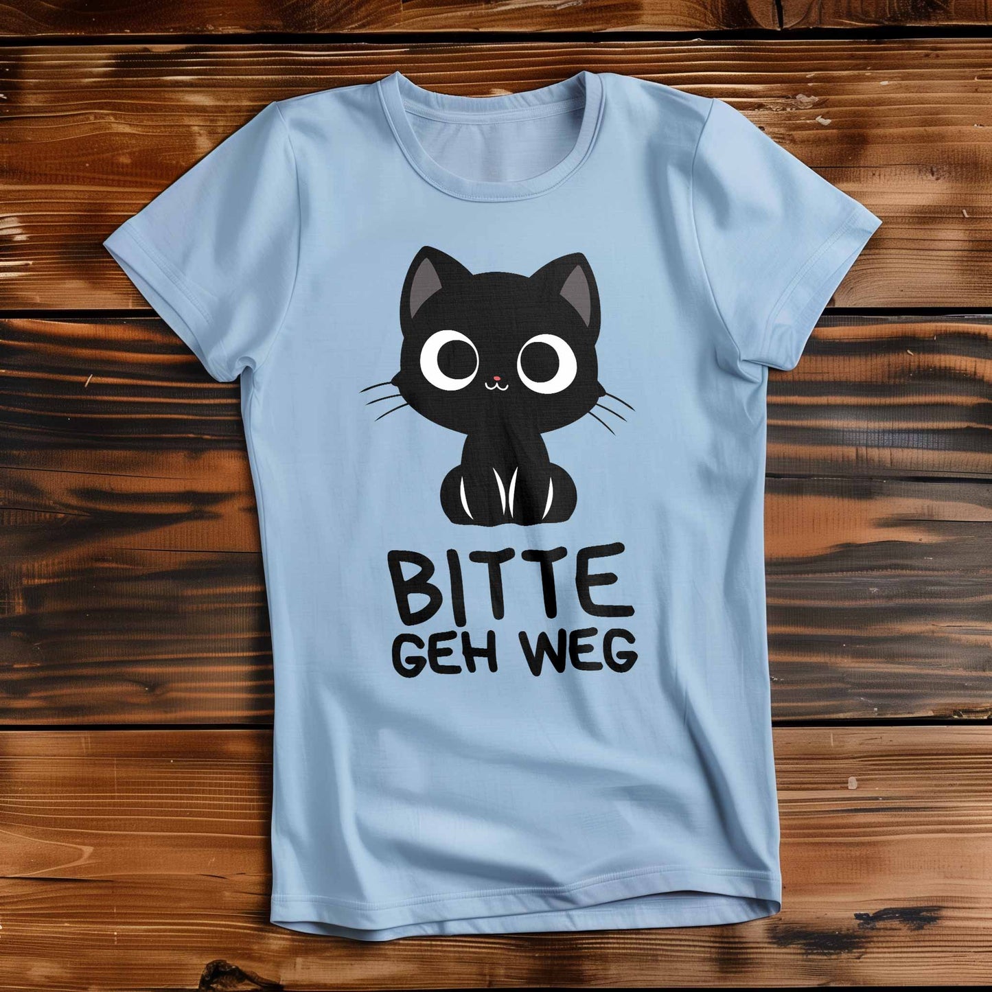 Himmel-Blaues Damen-Shirt auf Holzboden mit Design einer schwarzen Katze und dem lustigen Spruch 'Bitte geh weg'