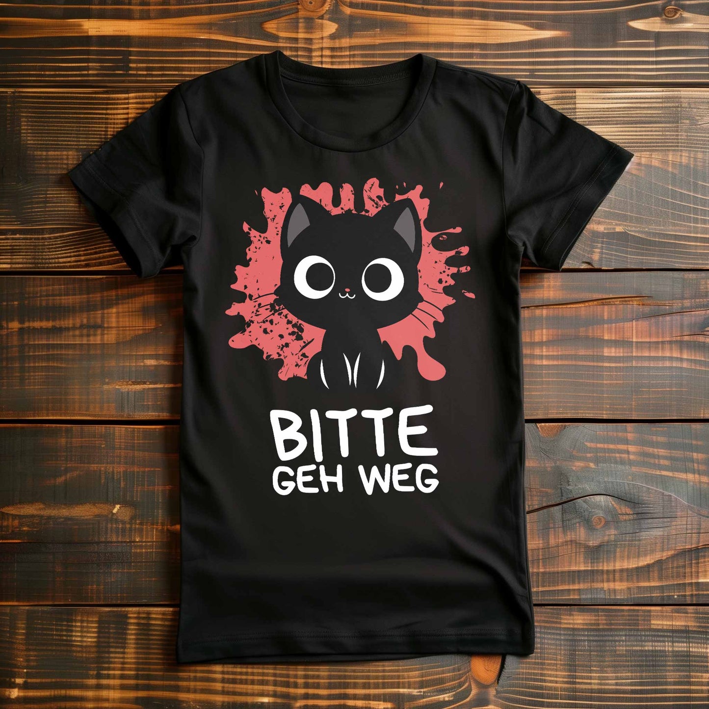 Schwarzes Damen-Shirt auf Holzboden mit Design einer schwarzen Katze und dem lustigen Spruch 'Bitte geh weg'