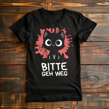 Schwarzes Damen-Shirt auf Holzboden mit Design einer schwarzen Katze und dem lustigen Spruch 'Bitte geh weg'