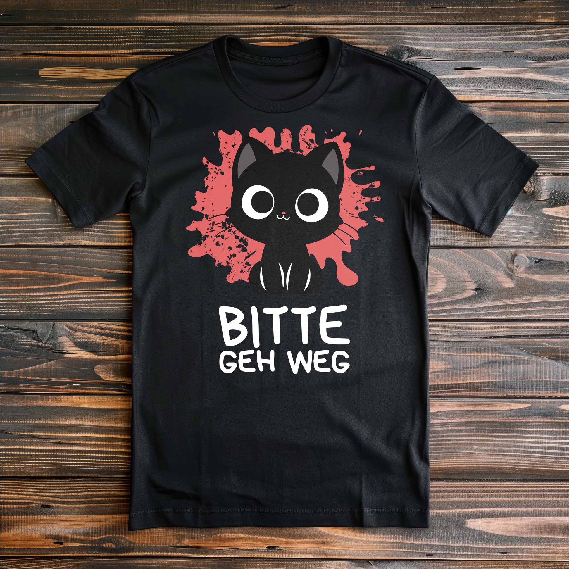 Schwarzes T-Shirt auf Holzboden mit Design einer süßen schwarzen Katze und dem lustigen Spruch 'Bitte geh weg'