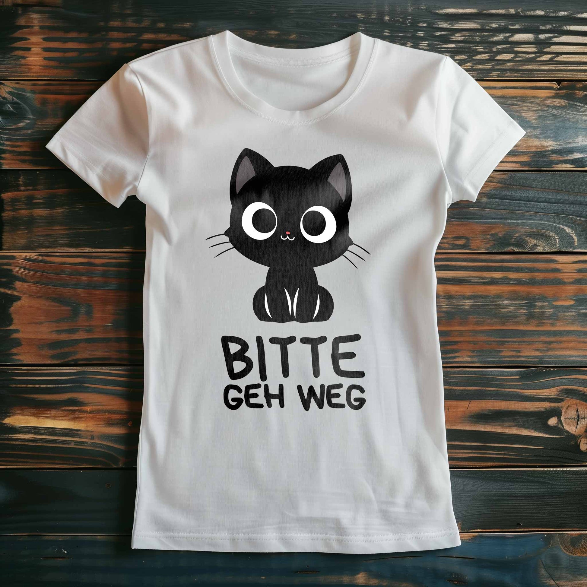 Weißes Damen-Shirt auf Holzboden mit Design einer schwarzen Katze und dem lustigen Spruch 'Bitte geh weg'